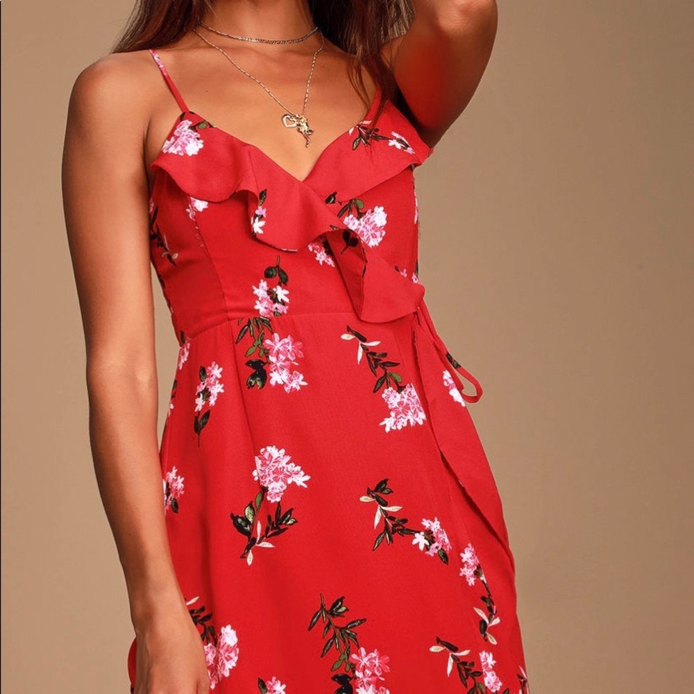 Lulu’s Red Floral Print Ruffled Wrap Maxi Dress